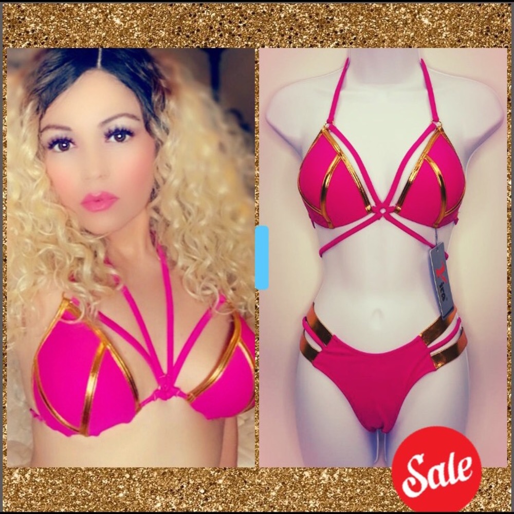 TWO PIECE PINK SWIMSUIT WITH GOLD TRIM
